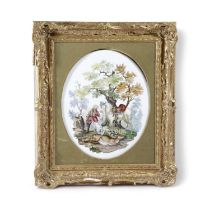 A LARGE PAIR OF GERMAN PORCELAIN OVAL PLAQUES 19TH / 20TH CENTURY each painted with a scene from a