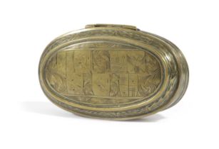 A DUTCH BRASS OVAL TOBACCO BOX 18TH CENTURY engraved with panels of coats of arms, crests and two