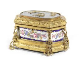 A FRENCH ORMOLU AND PORCELAIN CASKET PALAIS ROYALE, 19TH CENTURY of hexagonal form, the cover with a