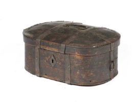 A PINE IRON BOUND BENTWOOD BOX AND COVER PROBABLY SCANDINAVIAN,19TH CENTURY of domed, oval form,