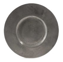 A CHARLES I PEWTER BROAD RIM PLATE BY NICHOLAS DOLBEARE, ASHBURTON, DEVON, C.1630 engraved with