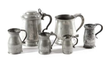 A GEORGE III LIDDED PEWTER PINT TANKARD BY GEORGE ALDERSON, C.1800 of tapering form with a domed