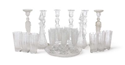FOUR CUT GLASS CANDLESTICKS 19TH / 20TH CENTURY raised on hexagonal feet, together with a pair of