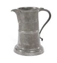 A PEWTER ALE JUG 18TH CENTURY of tapering form, inscribed 'Edwd Thirkell Angel Bunhill Fields' to