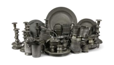 A COLLECTION OF PEWTER 18TH CENTURY AND LATER including: a matched set of baluster measures, eight