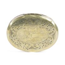 A DUTCH BRASS OVAL TOBACCO BOX 18TH CENTURY the top and base engraved with biblical scenes with