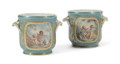 A PAIR OF SÈVRES STYLE PORCELAIN CÂCHEPOTS POSSIBLY MINTON, 19TH CENTURY painted with panels of