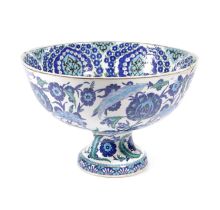 A LARGE POTTERY IZNIK STYLE FOOTED BOWL LATE 19TH CENTURY painted in blue, turquoise, green and