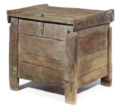 AN ELIZABETH I PLANEWOOD MEAL CHEST C.1600 of beehive shape, constructed with overlapping boards