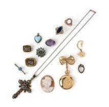 A group of jewels including an 18ct gold fob watch, the full hunter pocket watch engraved to the