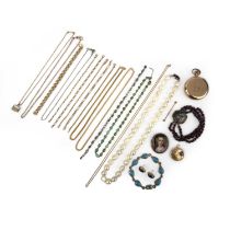A collection of jewels, comprising: six gold chain bracelets, three gold chain necklaces,