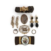 A collection of hair jewels, 19th century, comprising: two bracelets composed of woven hair, one