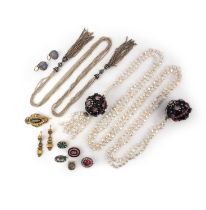 A collection of jewels, 19th and early 20th century, comprising: a cultured pearl scarf necklace