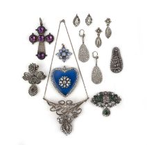 A collection of paste jewels, 18th-20th century, comprising: a blue paste pendant, length 4cm; a