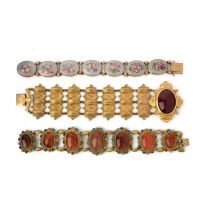 Three bracelets, 19th century, comprising: one bracelet composed of gilt metal panels, the clasp set