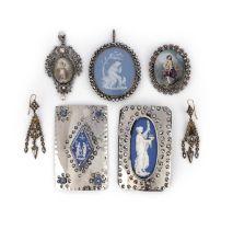 A group of cut steel jewels, 19th century, comprising: a pair of pendent earrings, length 7cm