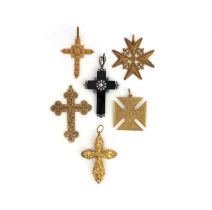 A collection of six pendants, 19th century, comprising: six pendants, each designed as a cross,