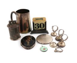 λA mixed lot of silver items, comprising: an 18th century silver and tortoiseshell snuff box, the