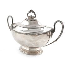 A late-Victorian electroplated soup tureen and cover, by Elkington and Co, 1900, oval form, reeded