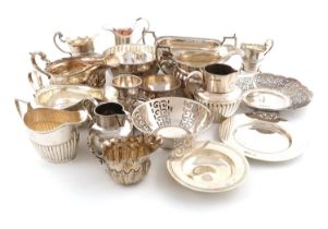 A mixed lot of silver items, various dates and makers, comprising: a cream jug and sugar bowl, seven