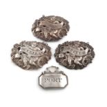 A set of three George III silver wine labels, by Edward Farrell, London 1819, shaped oval form, with