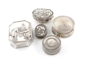 A mixed lot of five silver boxes, comprising: a modern box, Birmingham 1976, the front with four