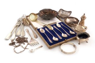 A mixed lot, comprising silver items: a shell butter dish, Birmingham 1895, a silver-gilt sifting