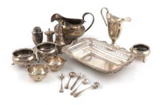 A mixed lot of silver items, comprising: a George IV cream jug, London 1825, a pierced rectangular