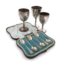 A mixed lot of silver items, comprising: three Victorian goblets, one by Edward Ker Reid, London