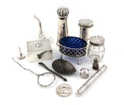 A mixed lot of silver items, comprising: a George III funnel, London 1770, an oval salt cellar, a