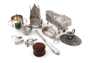 A mixed lot of silver items, comprising: a miniature coronation chair, Birmingham 1910, a chick