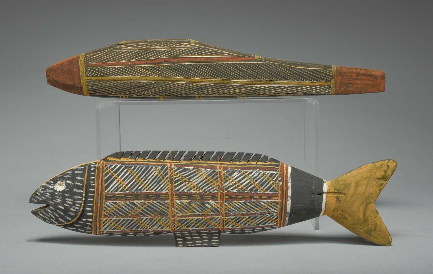 Two Tiwi model fish Australia one with incised linear decoration and both with pigment, 41cm and - Image 3 of 4
