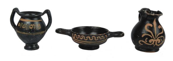 Three Xenon ware miniature vessels Apulia, South Italy, circa 4th century BC pottery, including an