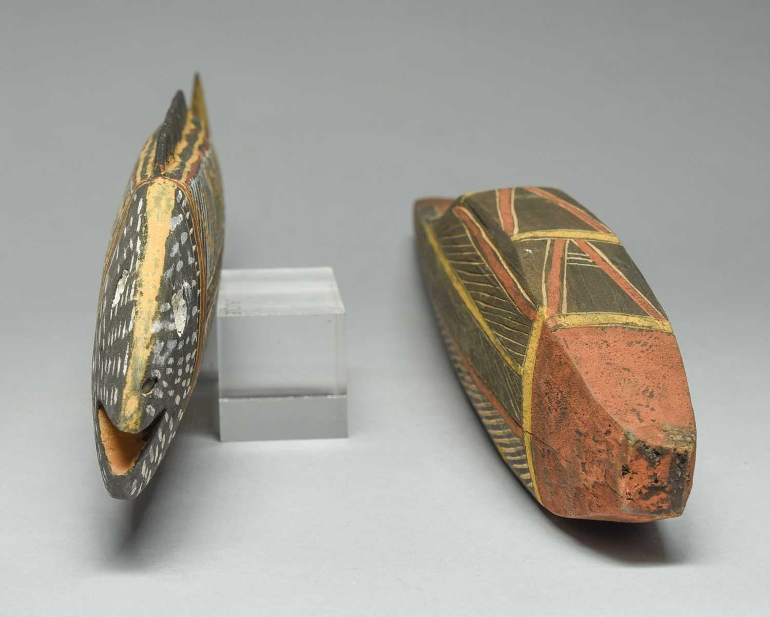 Two Tiwi model fish Australia one with incised linear decoration and both with pigment, 41cm and - Image 2 of 4
