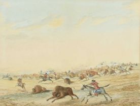 William W. Armstrong (1822 - 1914) Buffalo Hunt watercolour with whitening, 29.2cm x 38cm. The verso