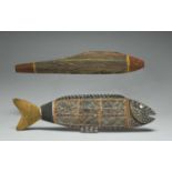 Two Tiwi model fish Australia one with incised linear decoration and both with pigment, 41cm and