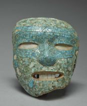 An Aztec / Mixtec style mask earthenware with fine turquoise, greenstone and shell mosaic