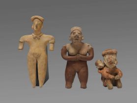 Three West Mexican female figures circa 300 - 100 BC pottery, including a Jalisco standing figure