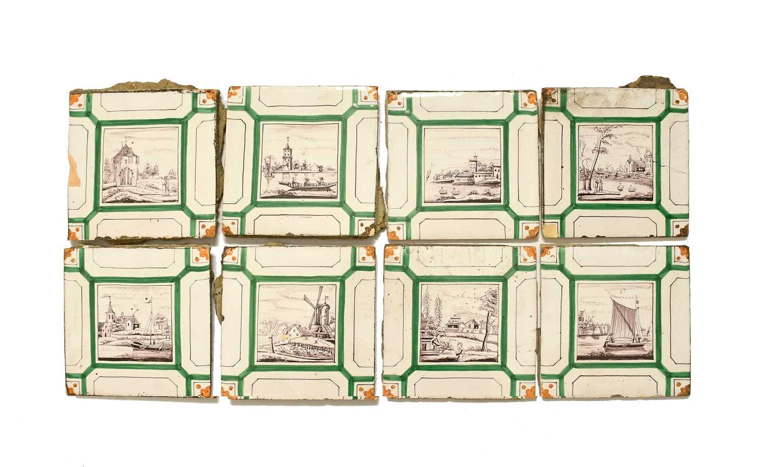 Eight delftware tiles, late 18th century, probably London, unusually decorated with manganese