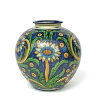 A large Cantagalli maiolica vase, late 19th/early 20th century, the bombola form decorated in the