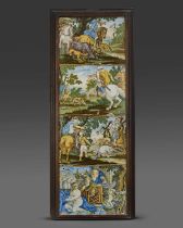 A panel of four Castelli maiolica rectangular plaques, mid 18th century, three painted with