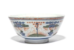 A large Vauxhall delftware bowl, c.1725, probably William Chilwell, painted in red, green and blue