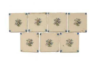 A group of seven London delftware tiles, mid 18th century, painted in polychrome enamels with a