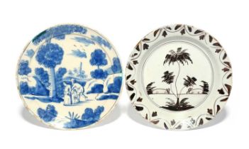 Two London delftware plates, 1720-40, one painted in manganese with two grazing rabbits flanking a