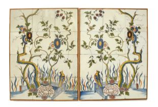 A rare pair of Liverpool delftware tile panels, c.1760, each formed of twelve tiles brightly painted