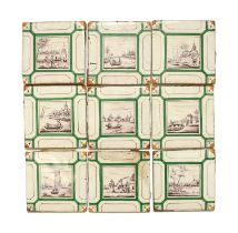 Nine delftware tiles, late 18th century, probably London, unusually decorated with manganese