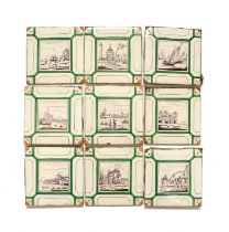 Nine delftware tiles, late 18th century, probably London, unusually decorated with manganese