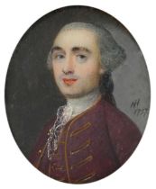 λ Nathaniel Hone RA (Irish 1718-1784) Portrait miniature of a gentleman wearing a maroon coat and