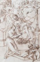 Circle of Luigi Garzi A saint praying before a crucifix, surrounded by angels and putti Pen and