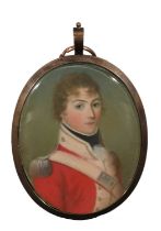 λ James Leakey (1773-1865) Portrait miniature of a young officer in uniform Oval, in a gilt metal